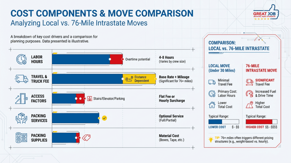 Infographic showing apartment move cost components as a bar-and-icon chart with labeled items for labor hours, travel/truck fee, access factors, packing, and supplies, plus a right-side panel comparing local and 76-mile intrastate moves. Clean geometric styling with clear labels and icons for easy interpretation.