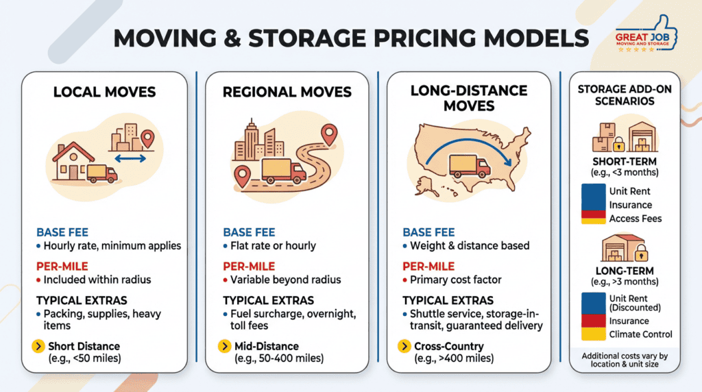 Infographic comparing pricing models for local, regional, and long-distance moves with a right-side panel showing storage add-on scenarios, using clear icons, side-by-side comparison panels, and color-coded cost highlights for quick scanning.