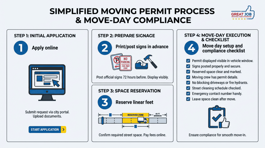 Infographic showing a three-column, four-step moving-permit process with numbered steps for Apply online, Print/post signs, Reserve linear feet, and a move-day setup and compliance checklist, using a clean flat style and the brand blue and red accents.