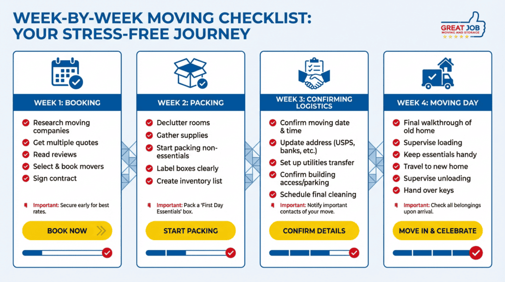Horizontal infographic timeline showing a week-by-week moving checklist with icons for booking, packing, confirming logistics, and moving day, using the brand primary color and accent highlights for emphasis.