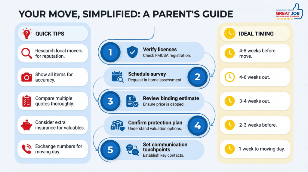 Infographic checklist showing five vertical steps for a home service process with short tips in side columns and rounded icons, using a blue and yellow branded color palette for emphasis.