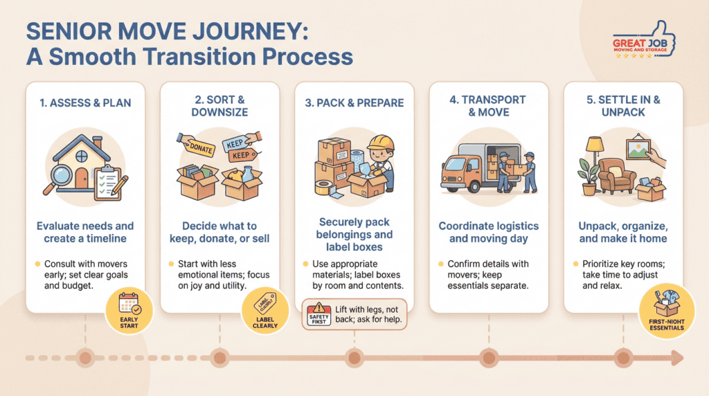 Horizontal infographic showing a five-step senior move journey from Assess to Settle In with simple illustrative icons and callouts for safety, labeling, and first-night essentials, using a muted brand blue and yellow highlights on a pale background.