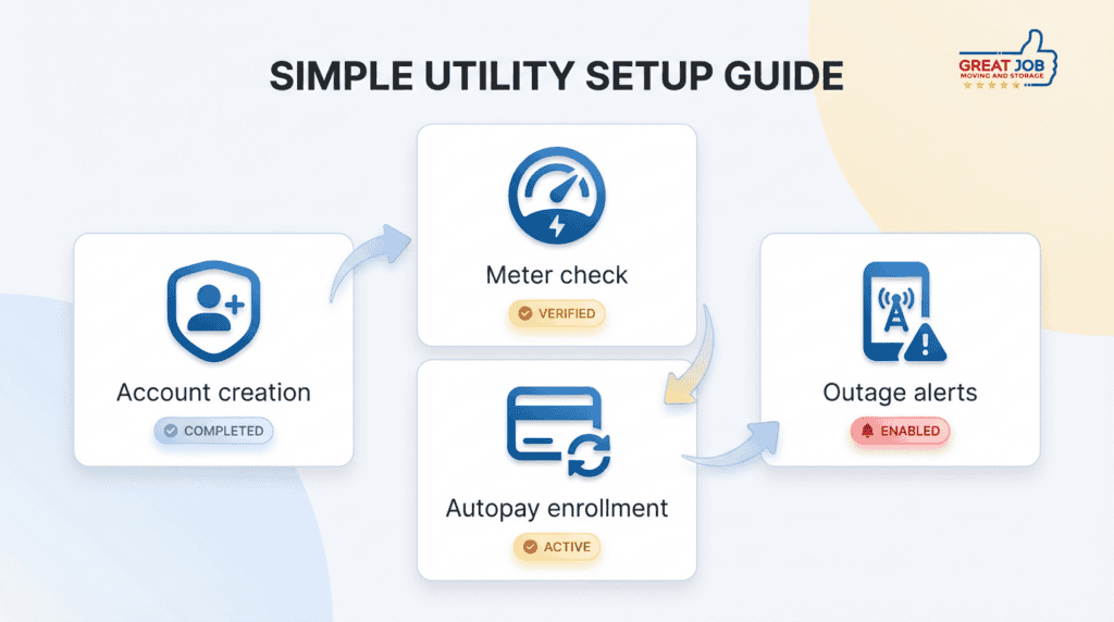 Clean infographic of a four-step utility setup process—Account creation, Meter check, Autopay enrollment, Outage alerts—displayed in a compact three-column flow with friendly rounded icons and the brand color palette for emphasis.