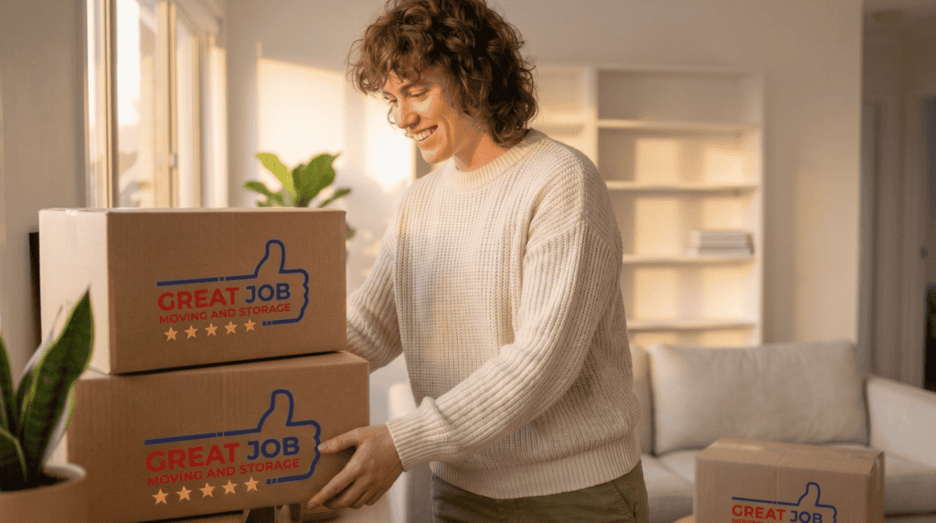 Young person smiling as they place the final labeled box on a shelf in a tidy, sunlit apartment, with warm natural light and a calm, finished feeling.